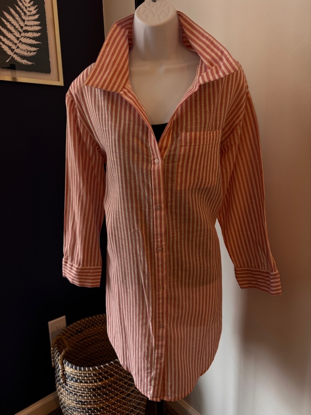NWOT Salty Lemon pink striped cotton oversized button down swimsuit coverup SZ S